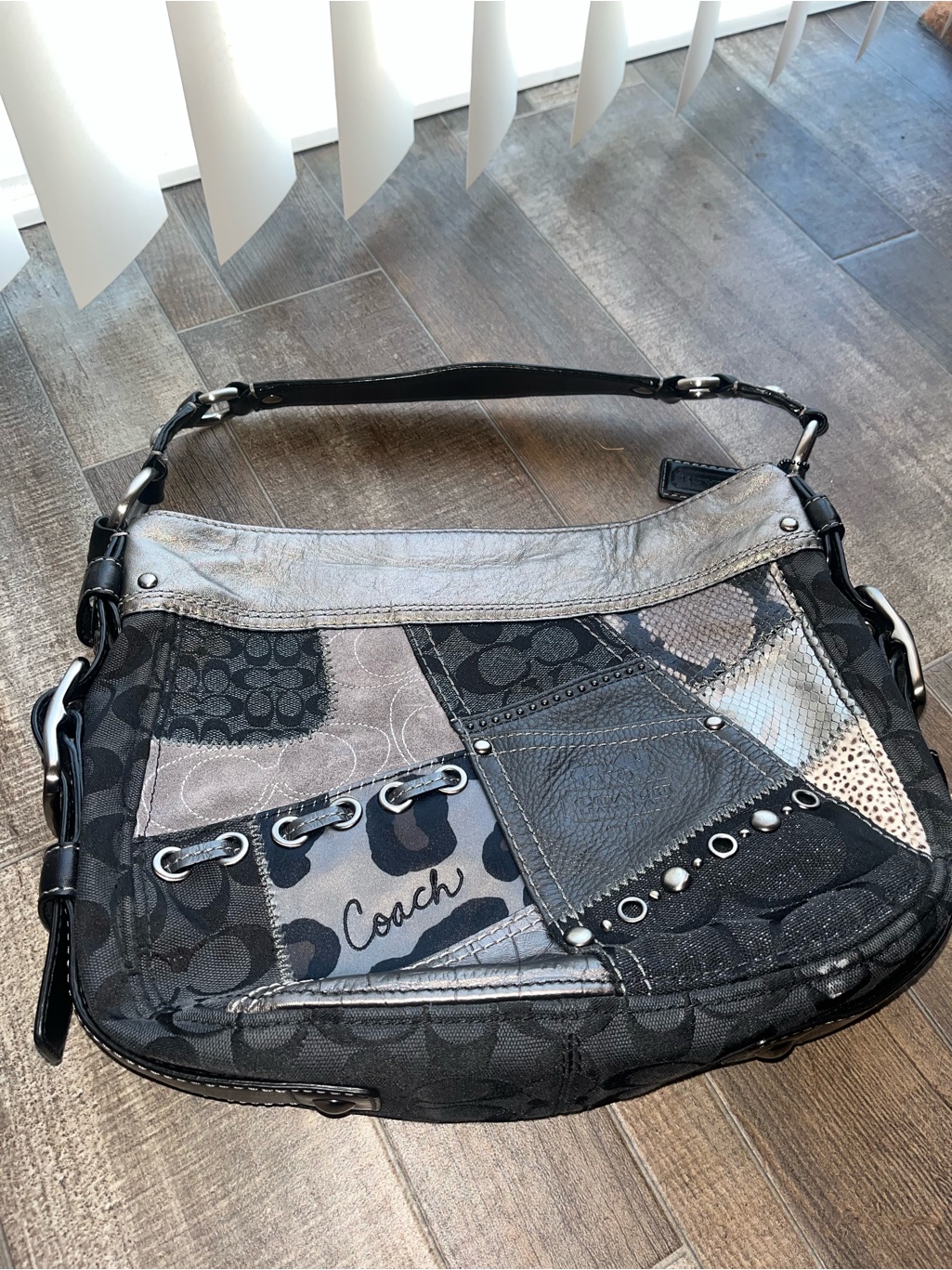 Coach Patchwork Shoulder Bag In Black And Gray Tones